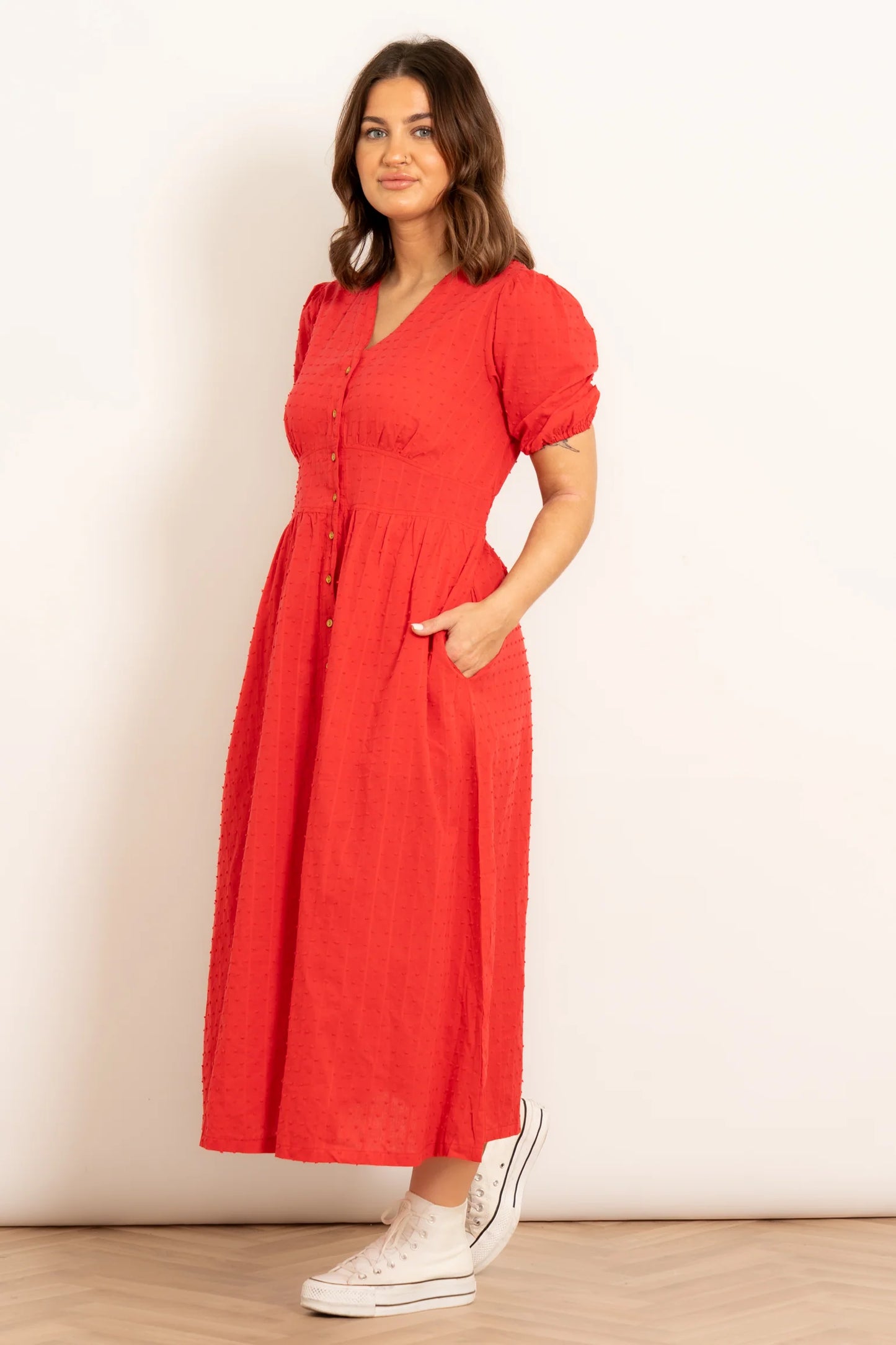 Button Down Midi Tea Dress - Red Dobby