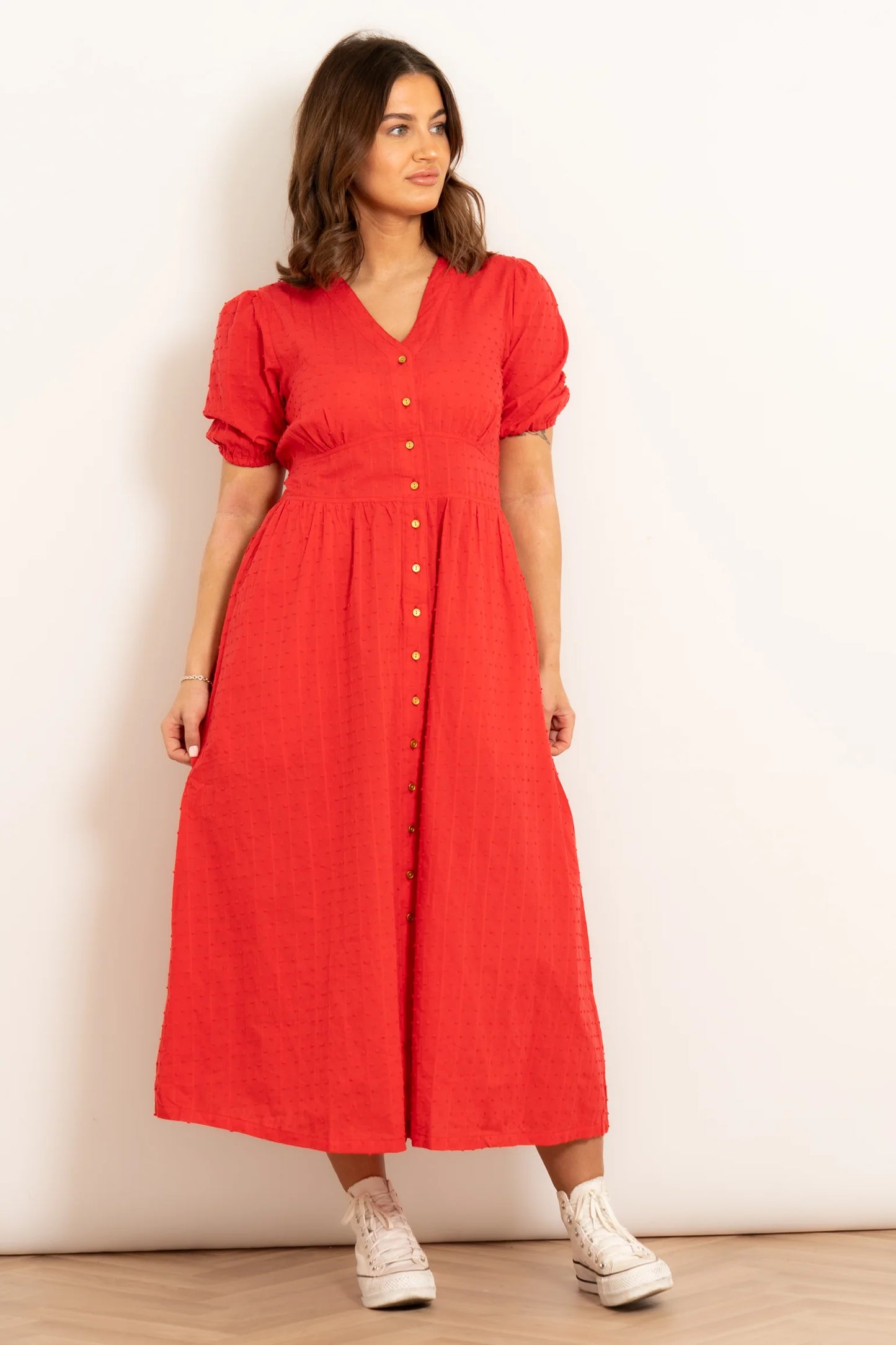 Button Down Midi Tea Dress - Red Dobby