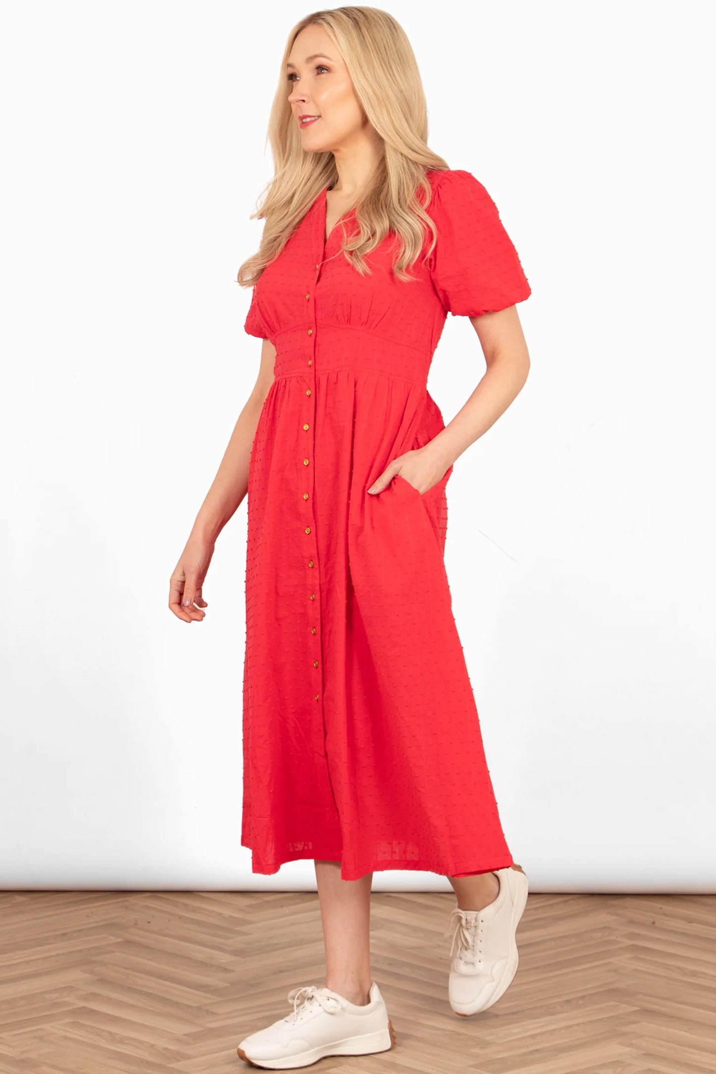 Button Down Midi Tea Dress - Red Dobby