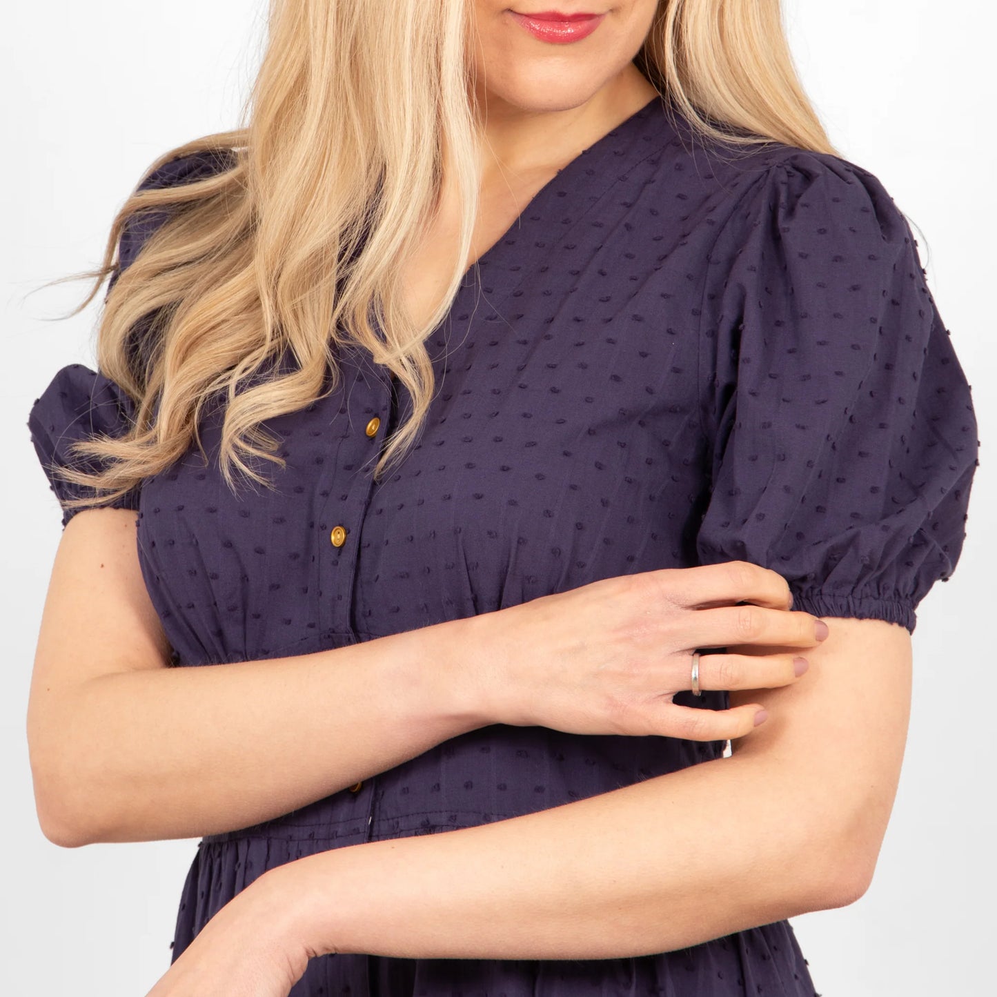 Button Down Midi Tea Dress - Navy Dobby