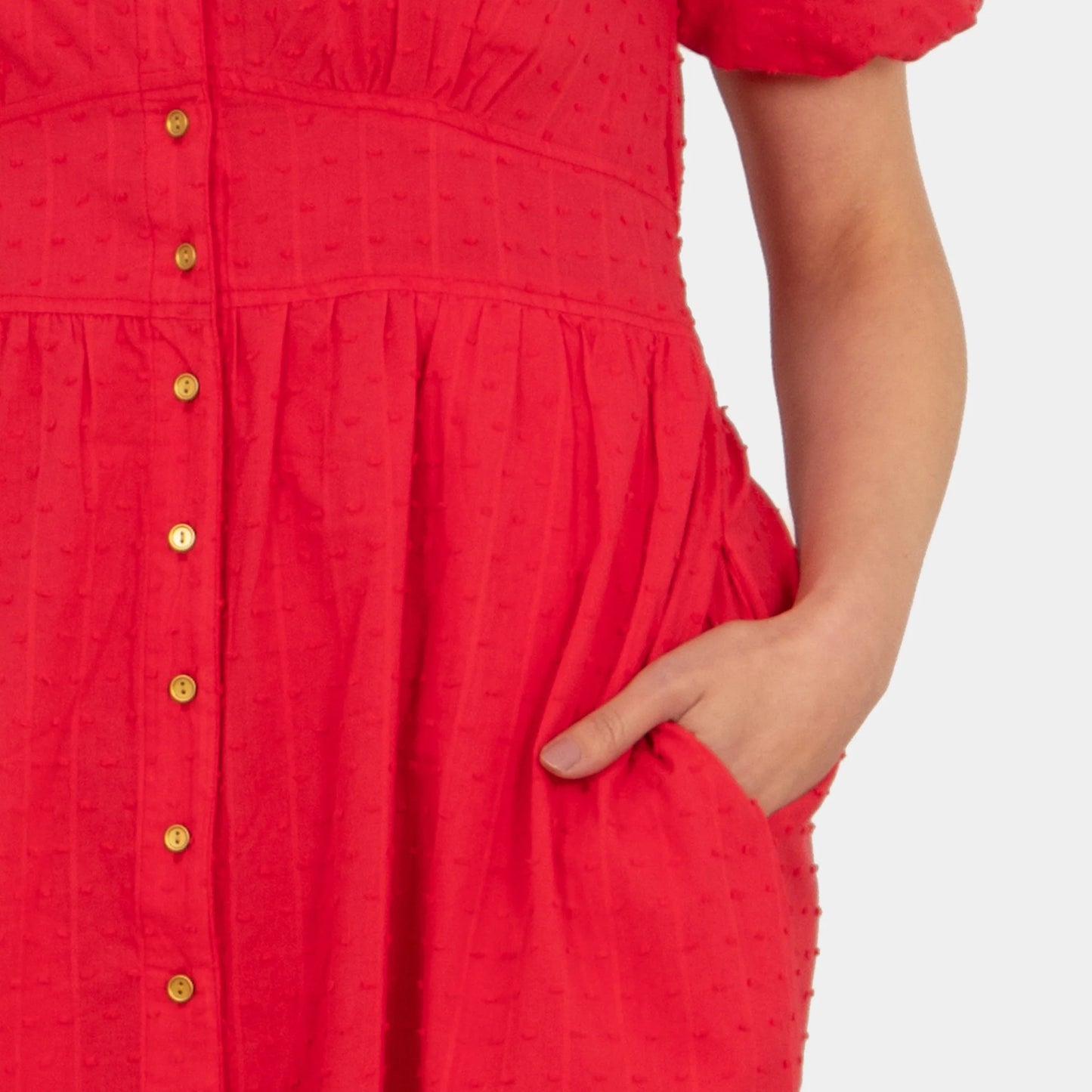Button Down Midi Tea Dress - Red Dobby