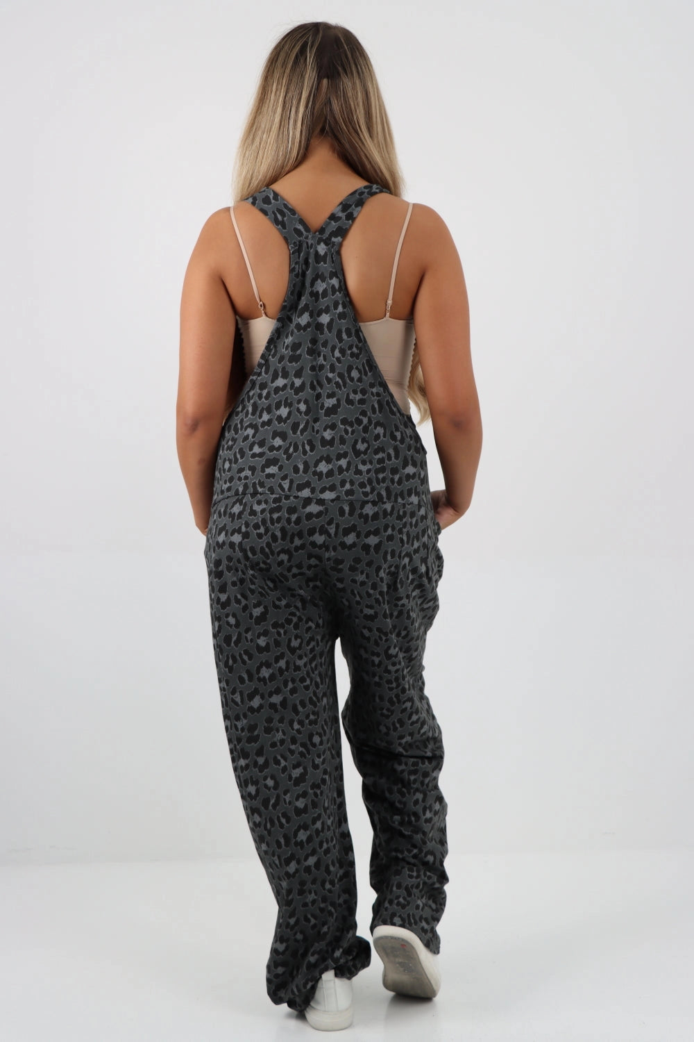 Animal Print Cotton Sleeveless Dungarees - Dark Grey