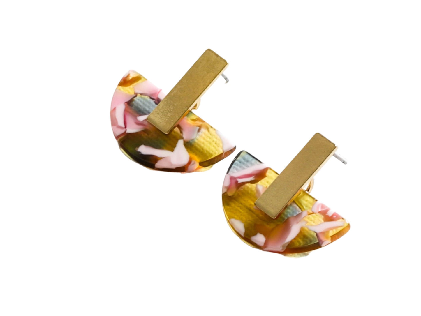 Florentine Resin Half Disc Earrings - Green & Pink