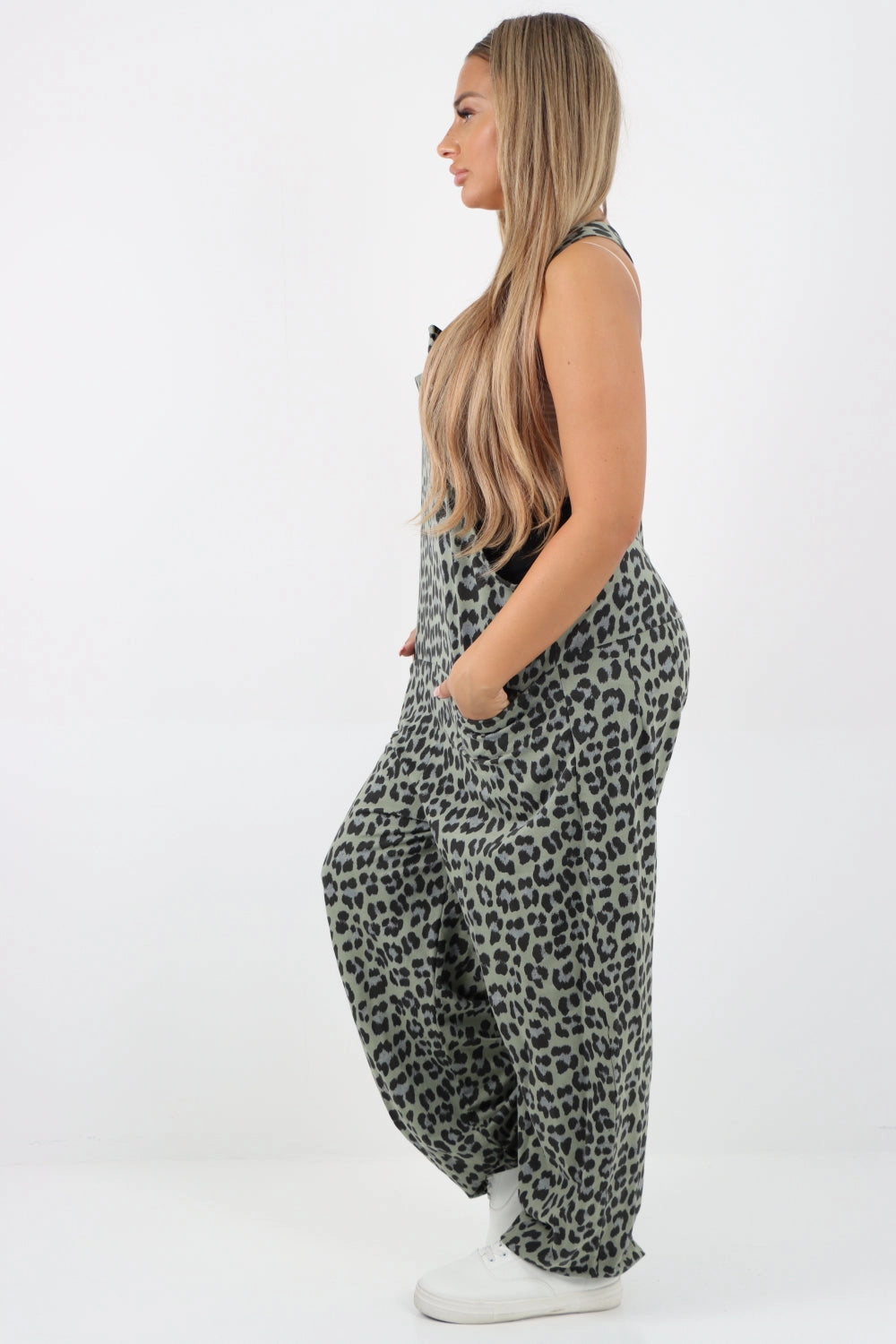 Animal Print Cotton Sleeveless Dungarees - Khaki