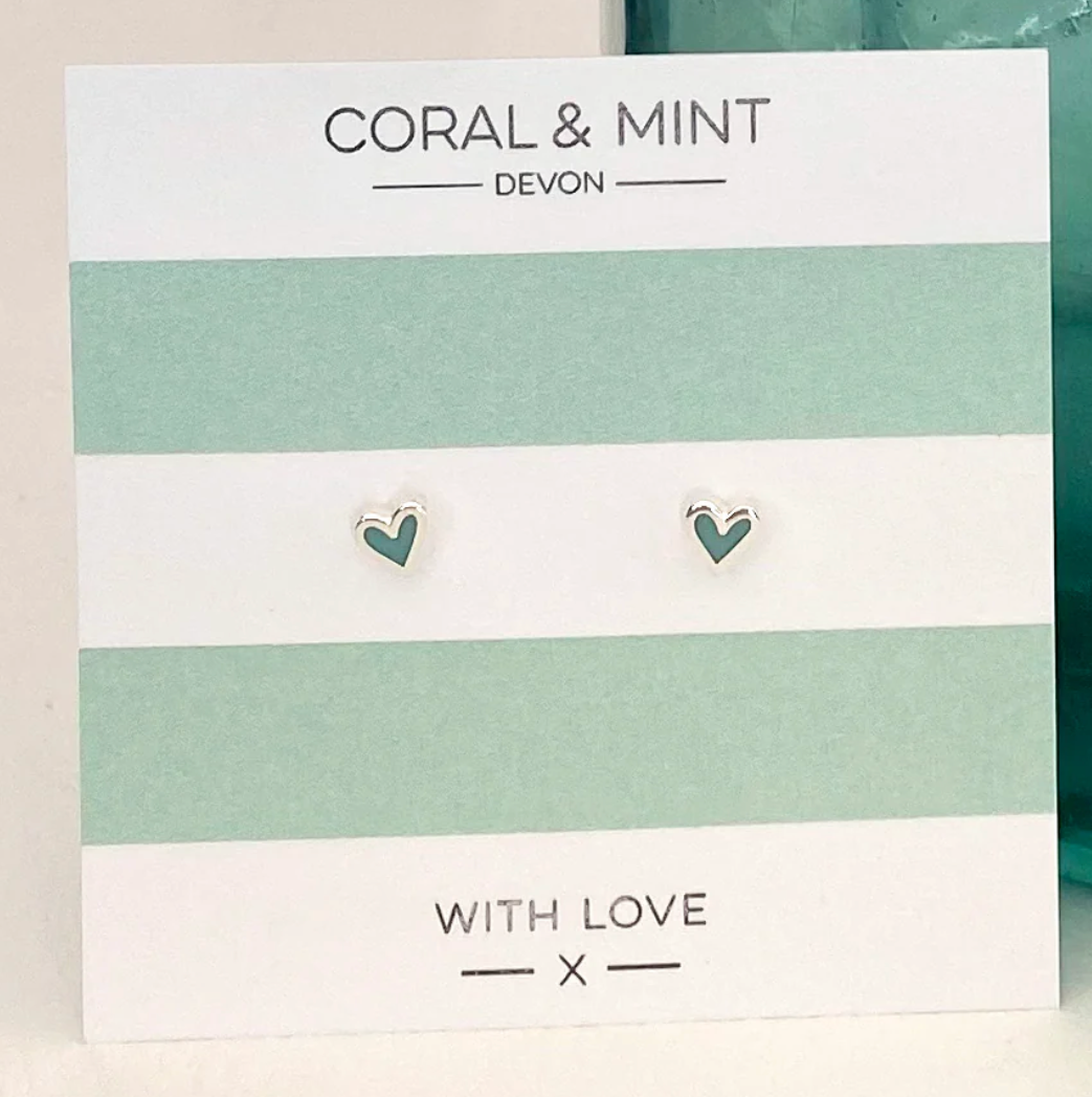 Enamel Heart Studs Mint Green