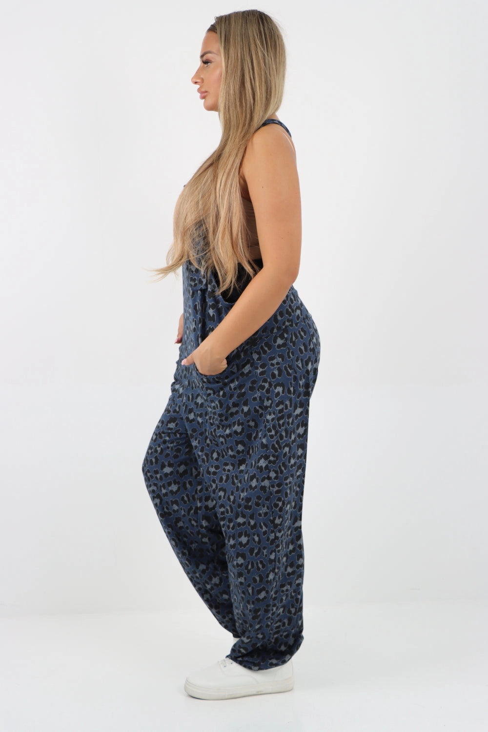 Animal Print Cotton Sleeveless Dungarees - Navy
