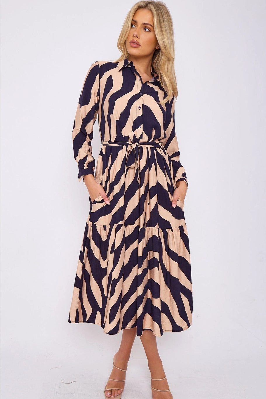Navy and Beige Abstract Stripe Print Smock Maxi Dress