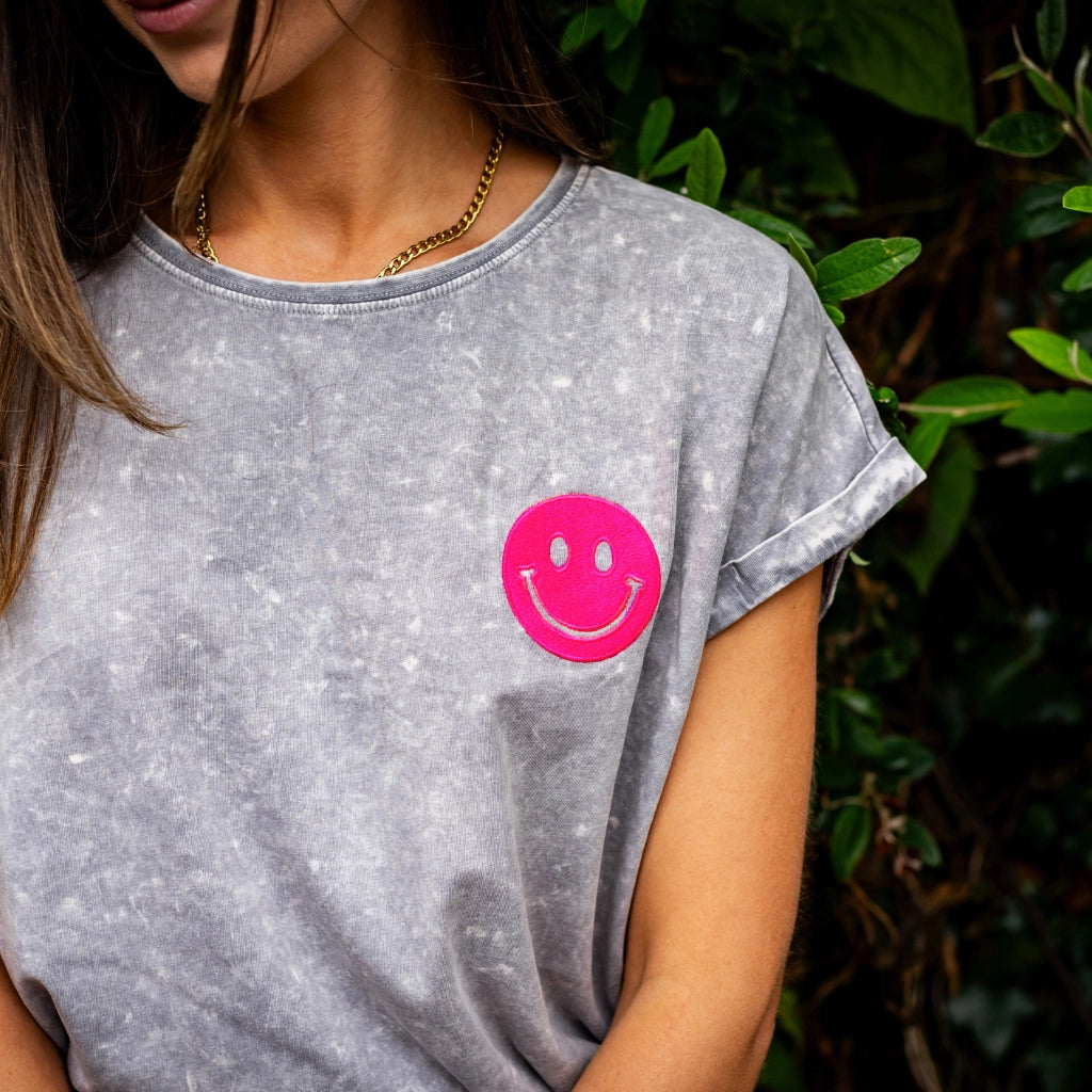 Acid Wash Grey T Shirt with Embroidered Neon Smiley Face