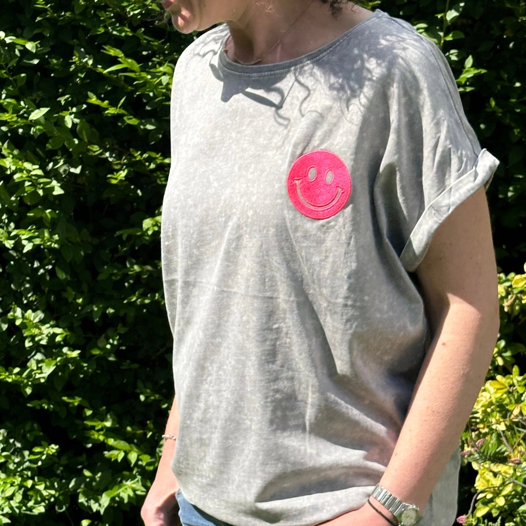 Acid Wash Grey T Shirt with Embroidered Neon Smiley Face