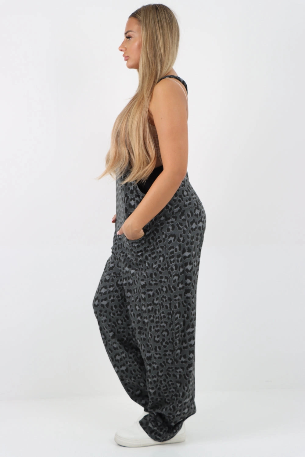 Animal Print Cotton Sleeveless Dungarees - Dark Grey