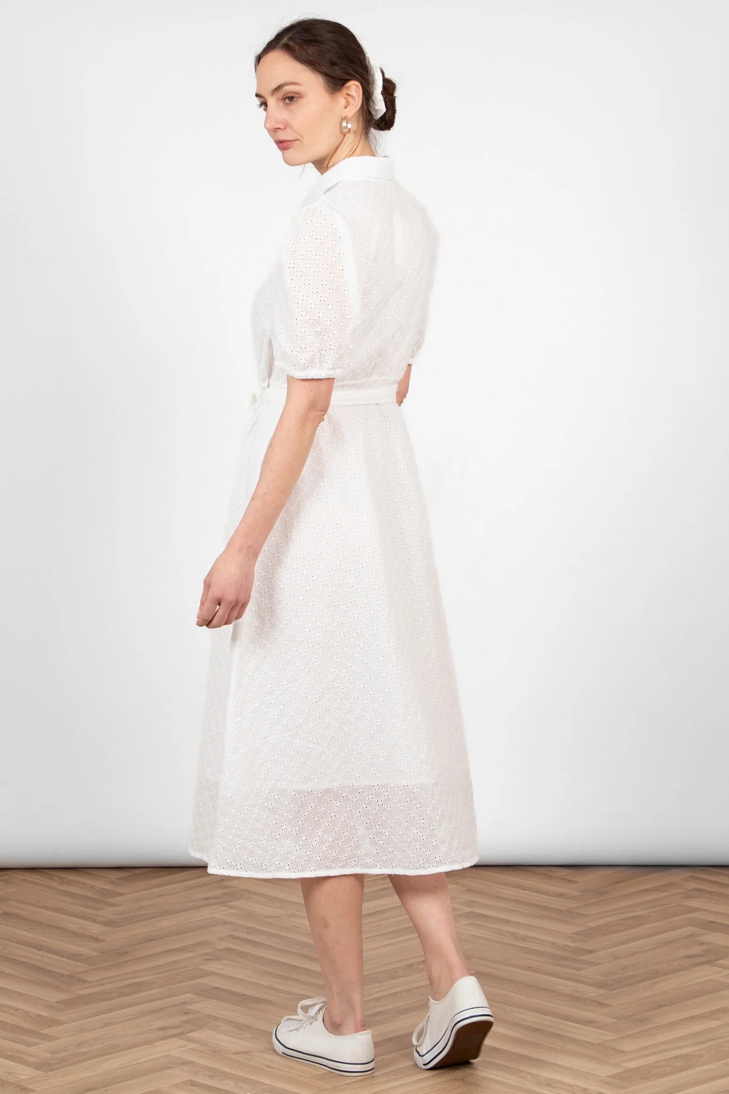 Elodie Cotton Fitted Midi Shirt Dress - White, Broderie Anglaise
