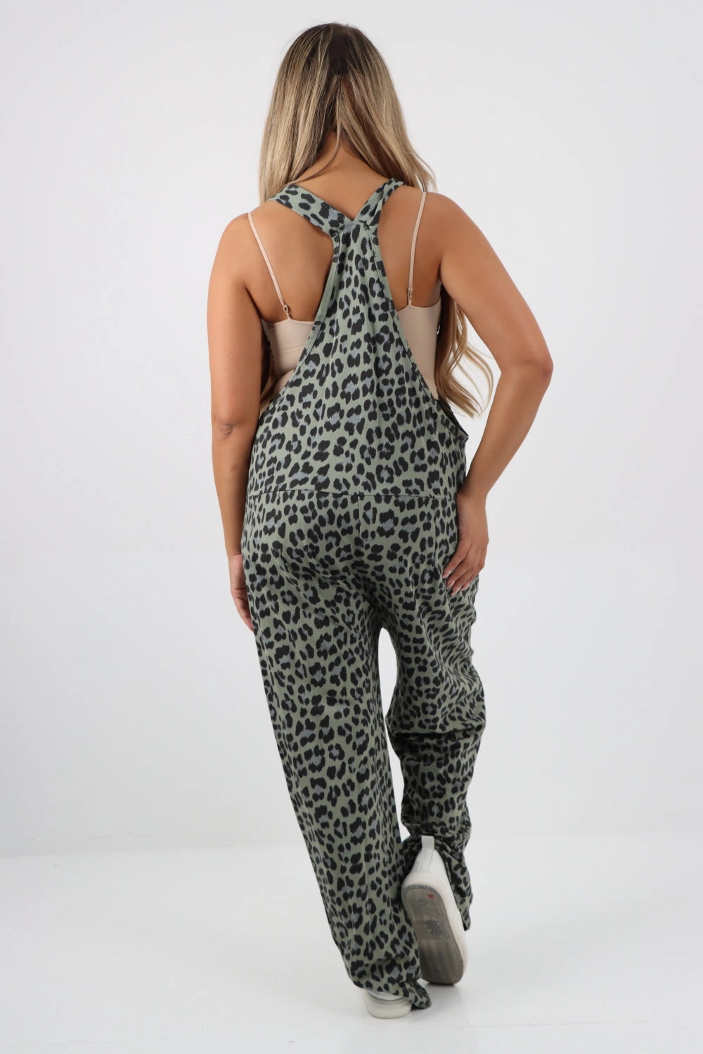 Animal Print Cotton Sleeveless Dungarees - Khaki