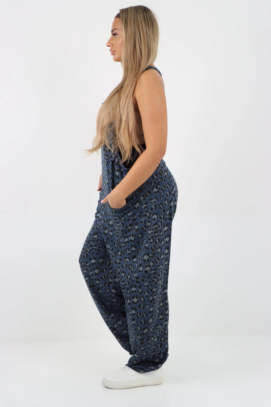 Animal Print Cotton Sleeveless Dungarees - Navy