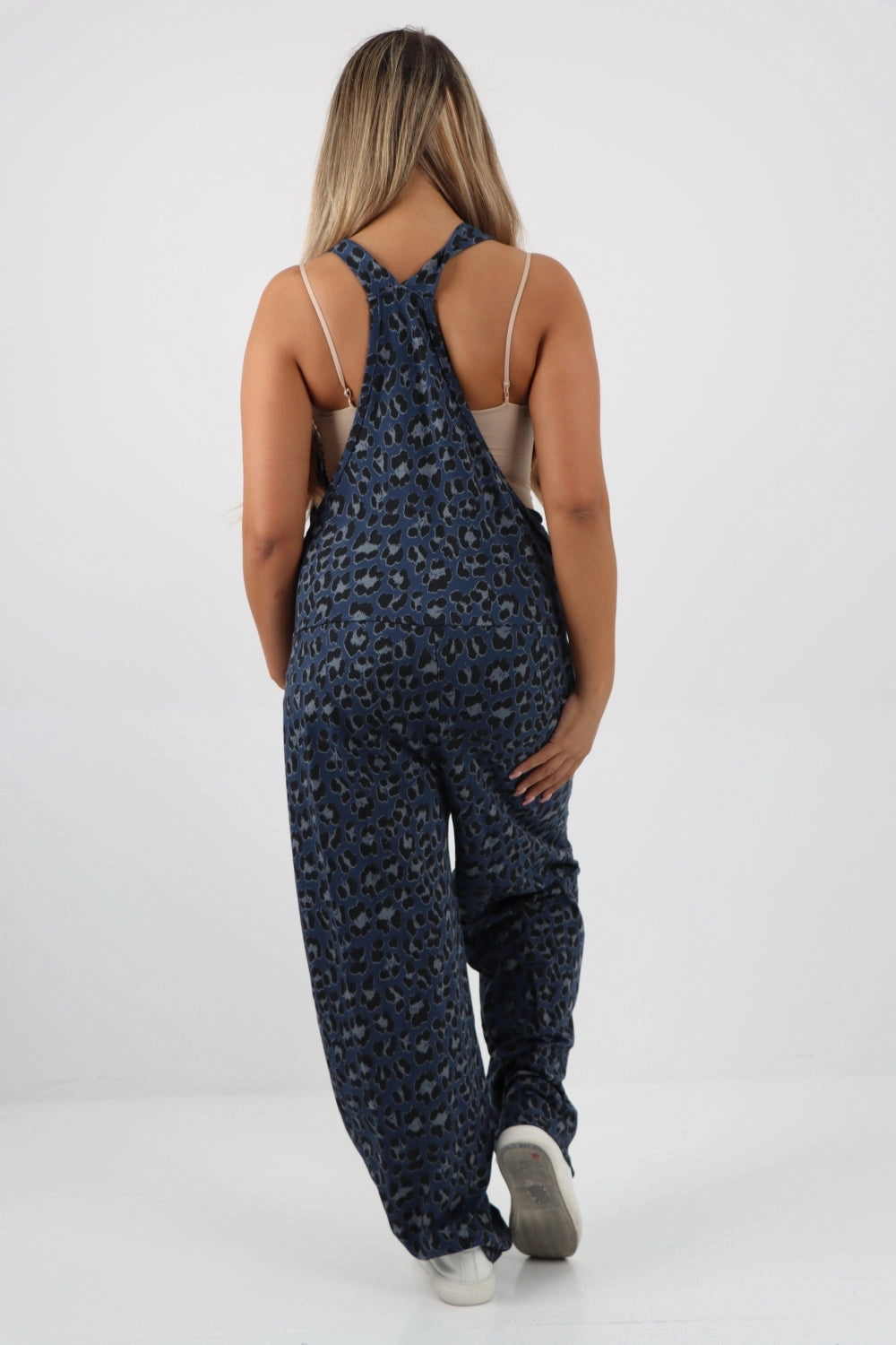 Animal Print Cotton Sleeveless Dungarees - Navy