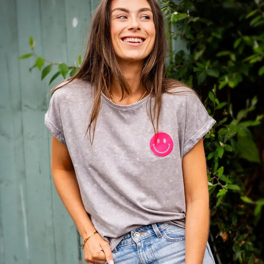Acid Wash Grey T Shirt with Embroidered Neon Smiley Face