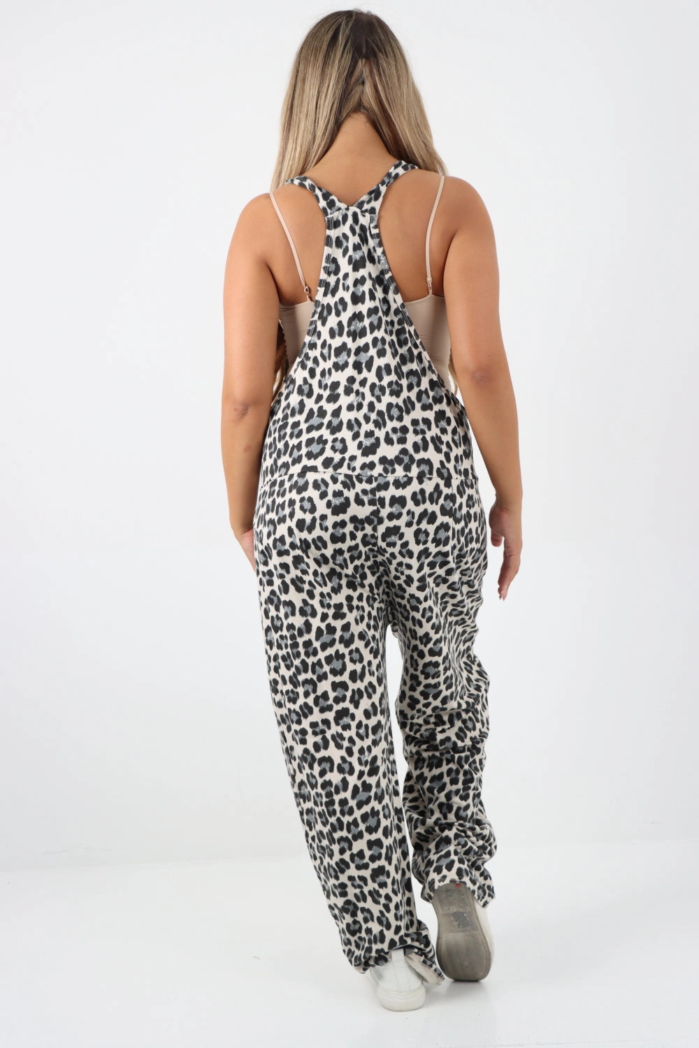 Animal Print Cotton Sleeveless Dungarees - White